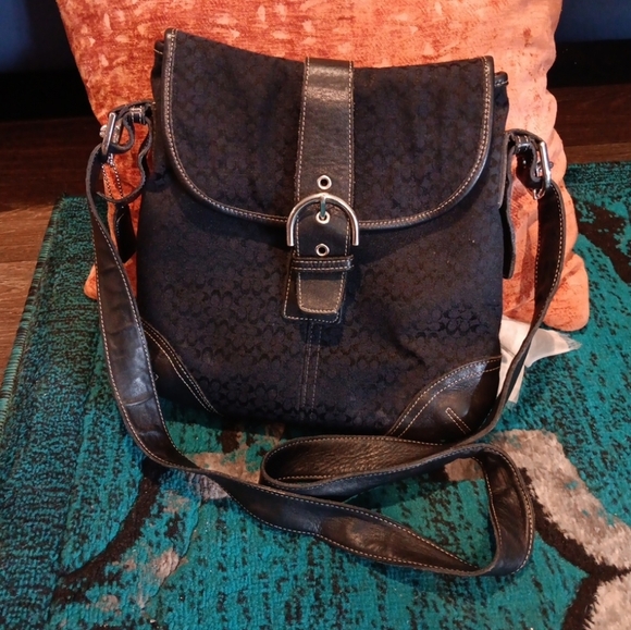 Coach SoHo Black Signature Monogram Logo Jacquard Leather Shoulder Bag - Picture 1 of 8